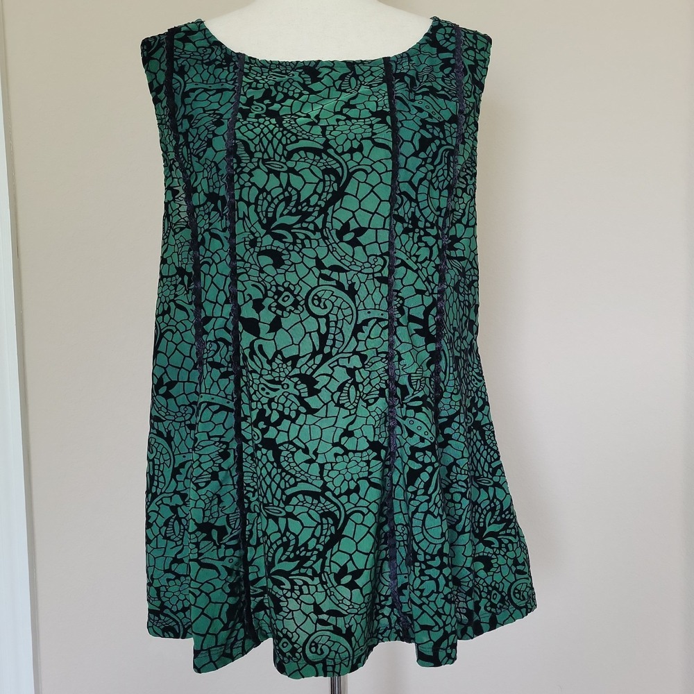 Womens Green Floral Top Size XL Sleeveless Whimsigoth Velvet Burnout Goth Artsy